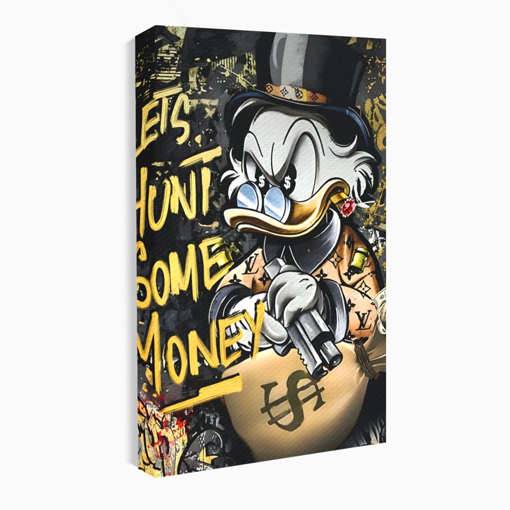 Tablou canvas cu ilustratie cu scrooge duck tinand o arma, fara rama, pe sasiu de lemn